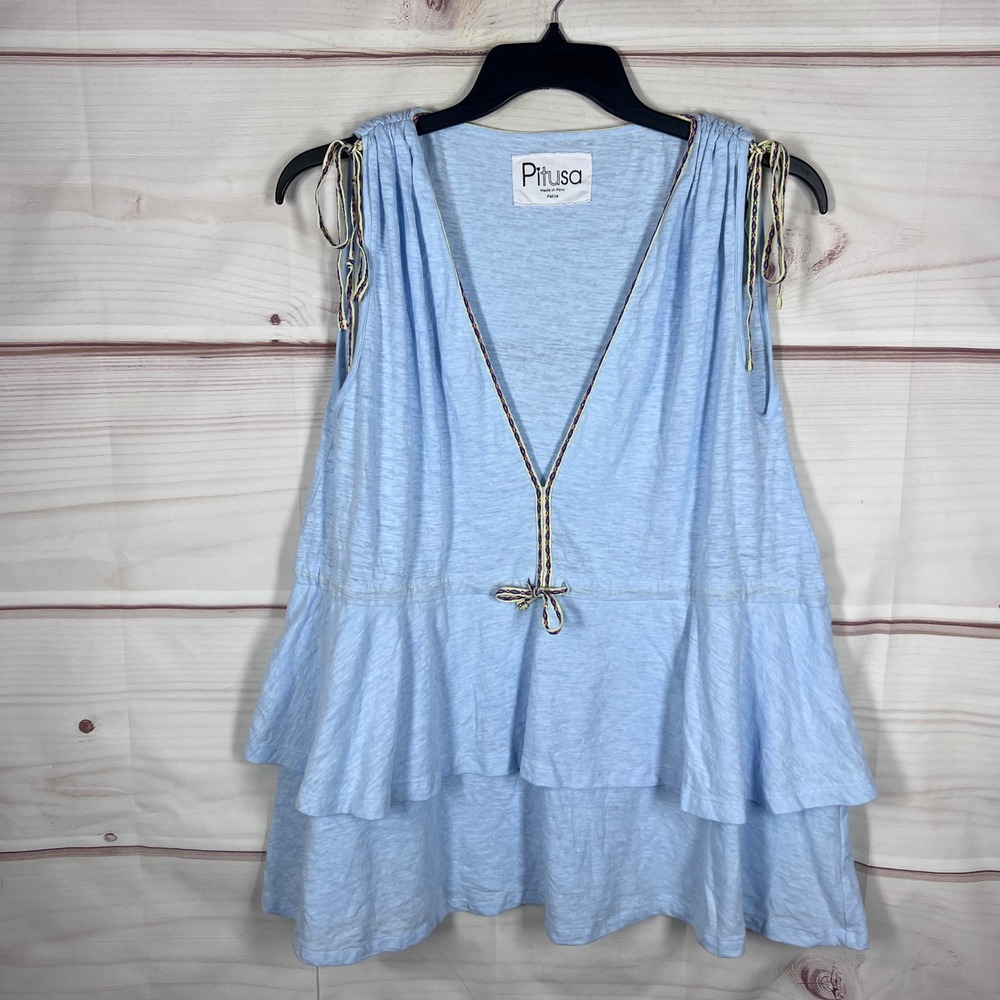 Pitusa Top Women Petite One Size Blue Tiered Ruffle V-Neck Sleeveless Slub Knit